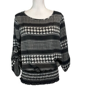 Michael Kors Blouse Top size Large Black White Hounds Tooth Smocking Career